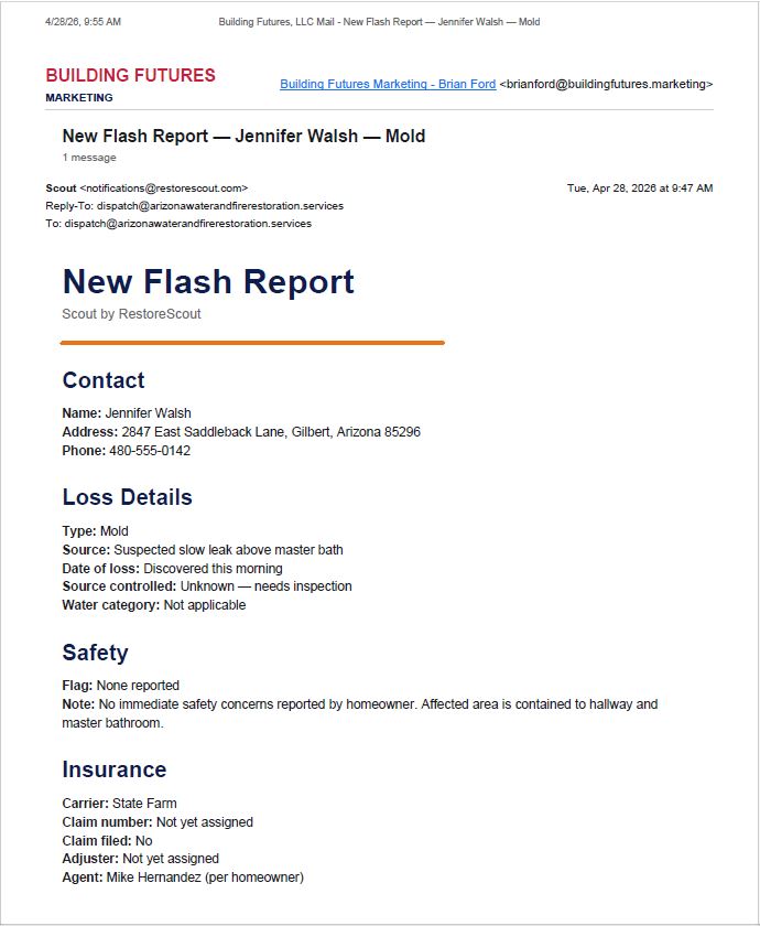 Real RestoreScout Flash Report email — homeowner intake for Jennifer Walsh, mold damage in Gilbert AZ. Shows full structured intake: contact, loss details, safety, insurance.