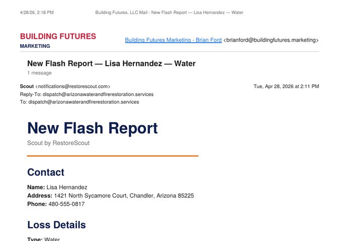 First page of the RestoreScout Flash Report for a plumber referral in Chandler, Arizona, showing technical mitigation notes and photos.