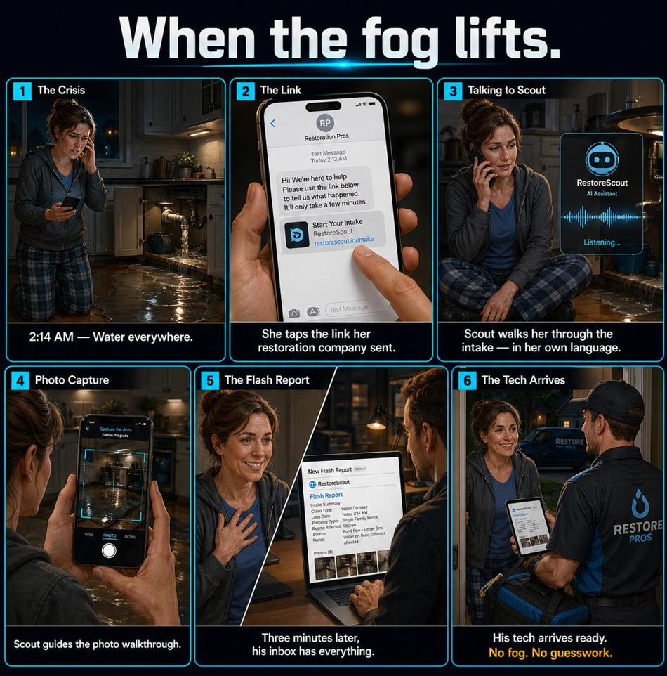 Six-panel comic: a homeowner discovers water flooding her kitchen, taps the link her restoration company sent, talks to Scout, captures photos, the contractor receives the Flash Report, and a tech arrives ready at the door.